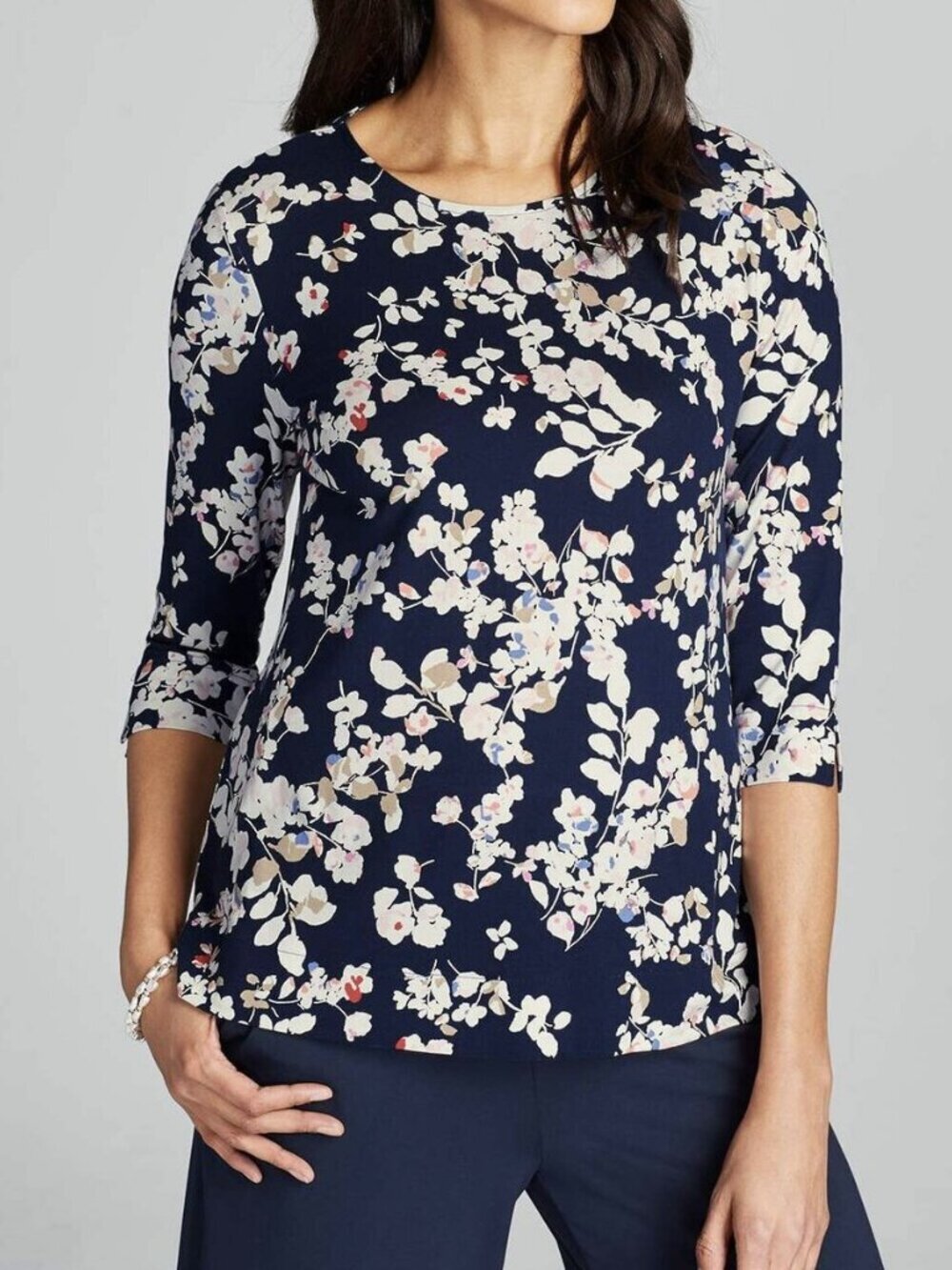 J Jill Wearever navy blue floral knit top shirt blouse stretch pink new L PETITE